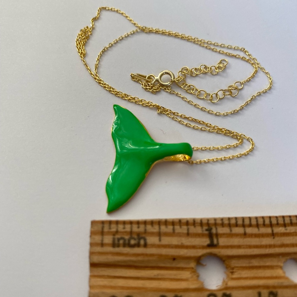 🧜‍♀️Mermaid tail 925 silver necklace hand made green enamel 18k gold plated - Picture 5 of 7